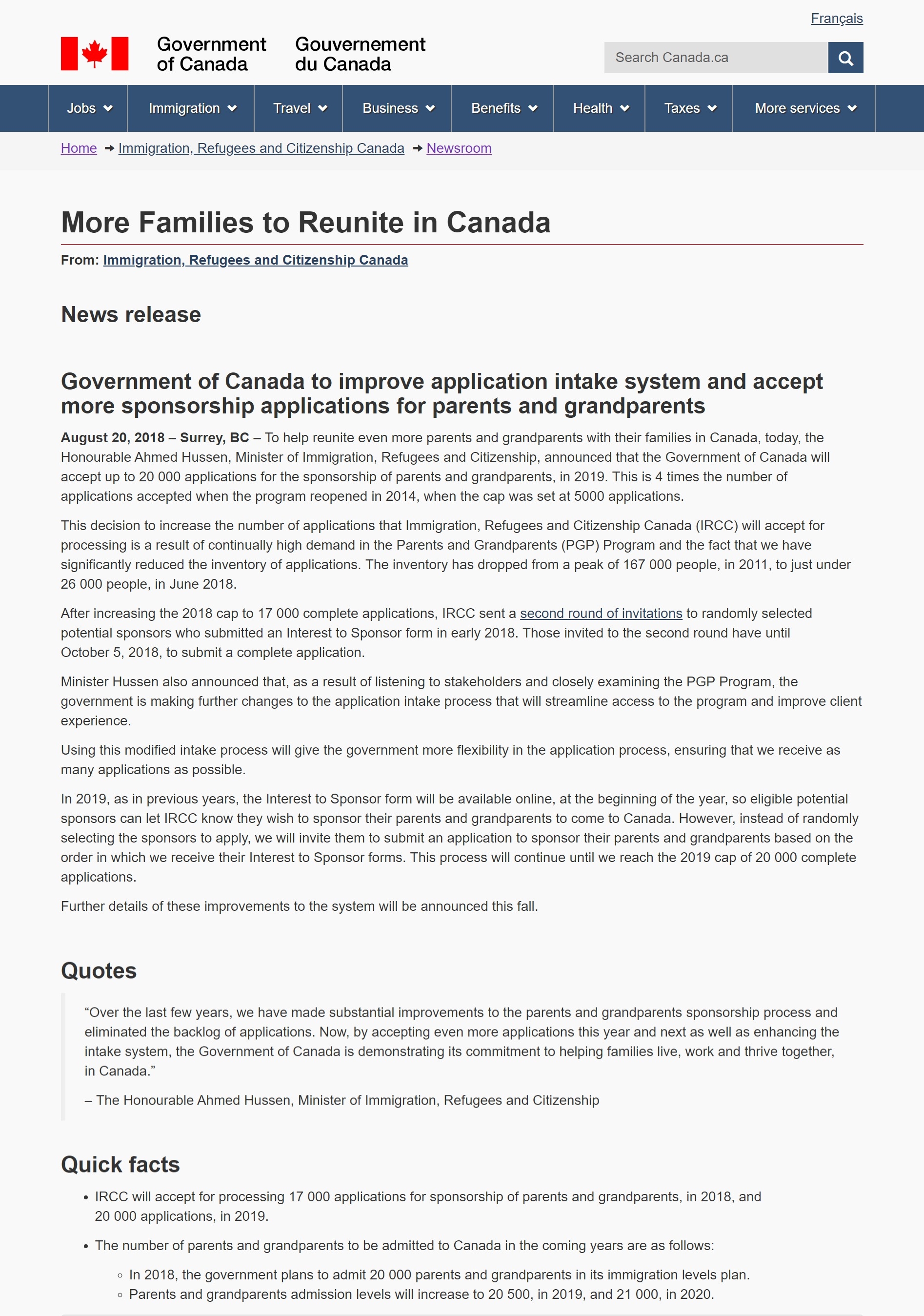加拿大父母/祖父母团聚移民取消抽签方式，名额大增