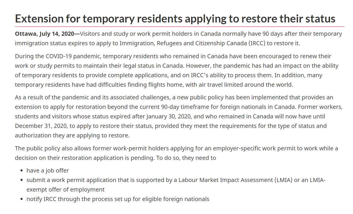 新政：临时身份延期至2020年底 (Extension for Temporary Residents Applying to Restore Their Status)