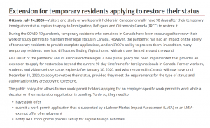 新政：临时身份延期至2020年底 (Extension for Temporary Residents Applying to Restore Their Status)